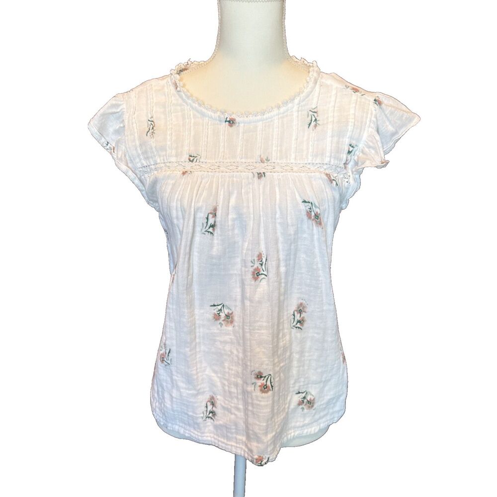 Lucky Brand White Cotton Floral Gauze Top Medium Babydoll Boho Romantic